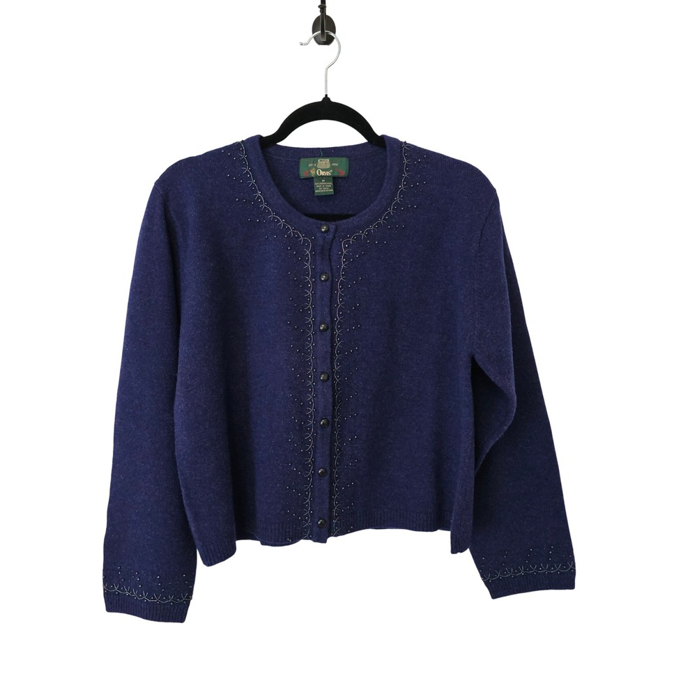 Orvis Womens Navy Blue 100% Merino Wool Beaded Cardigan Sweater Size M